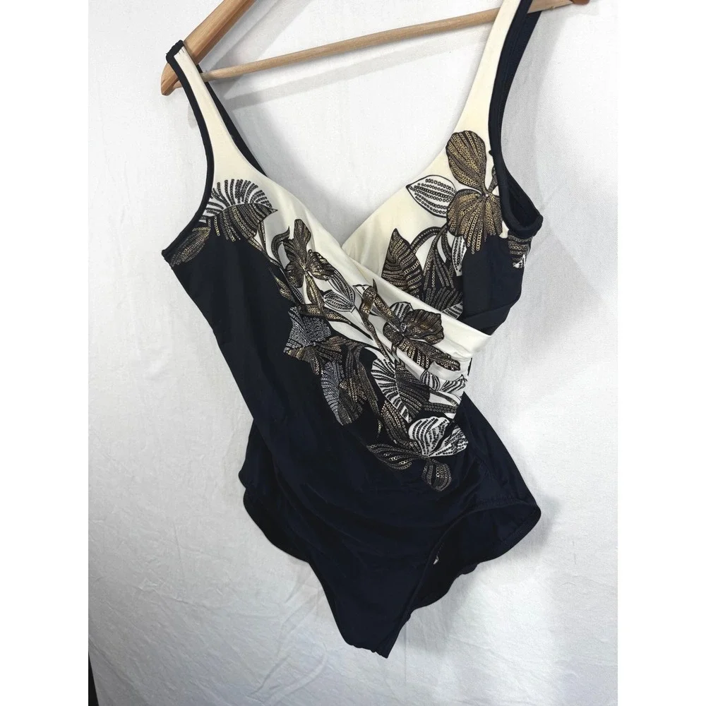 Miraclesuit One Piece Swimsuit Womens 16 Black Gold Floral Sequin It's A Wrap EX